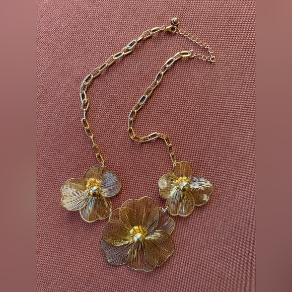 Gold Floral Statement Necklace – 3D Flower Necklace, - Picture 3 of 4